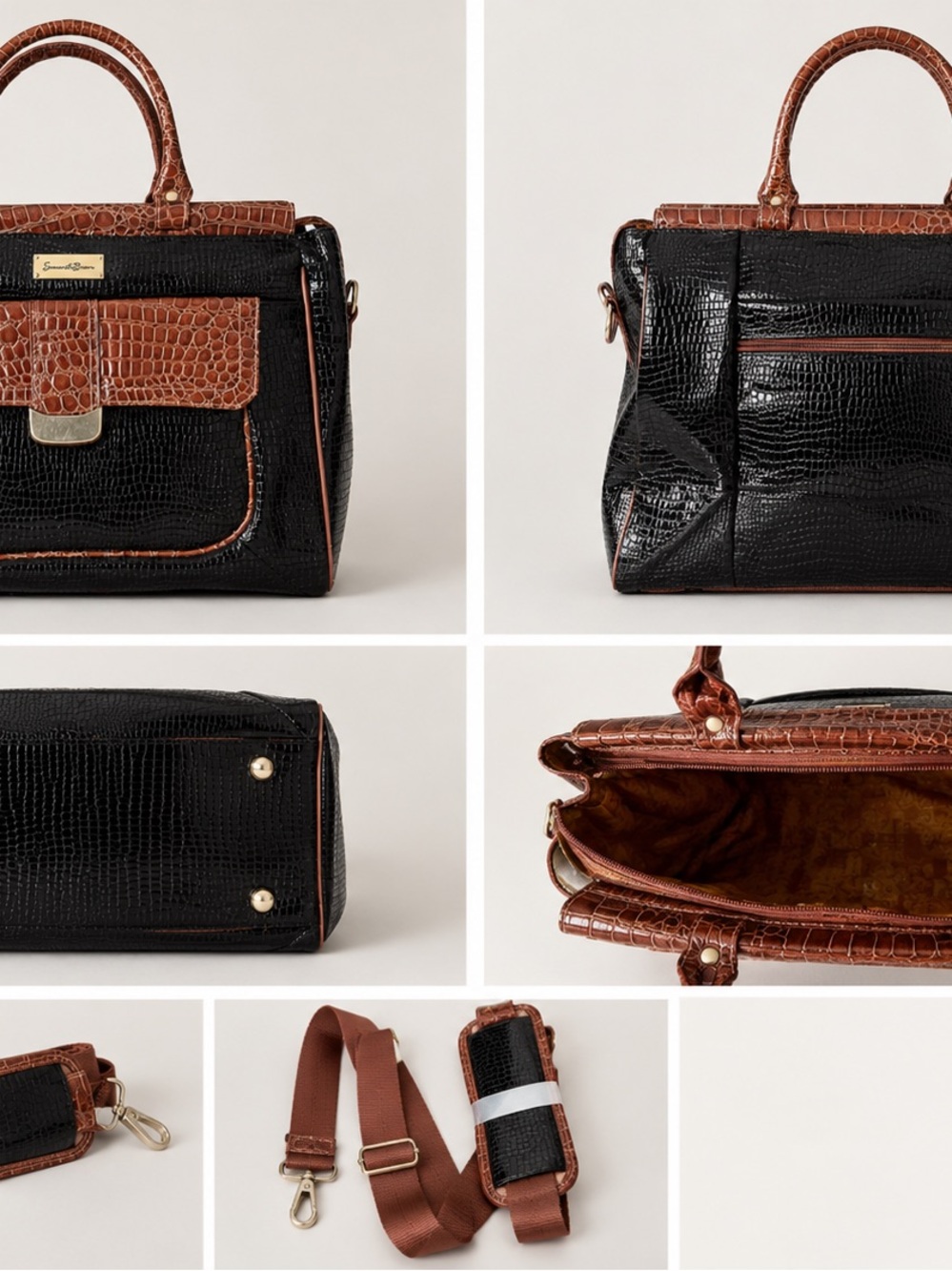Samantha Brown Croc-Embossed Black Weekender Bag with Brown Trim - Picture 3 of 12